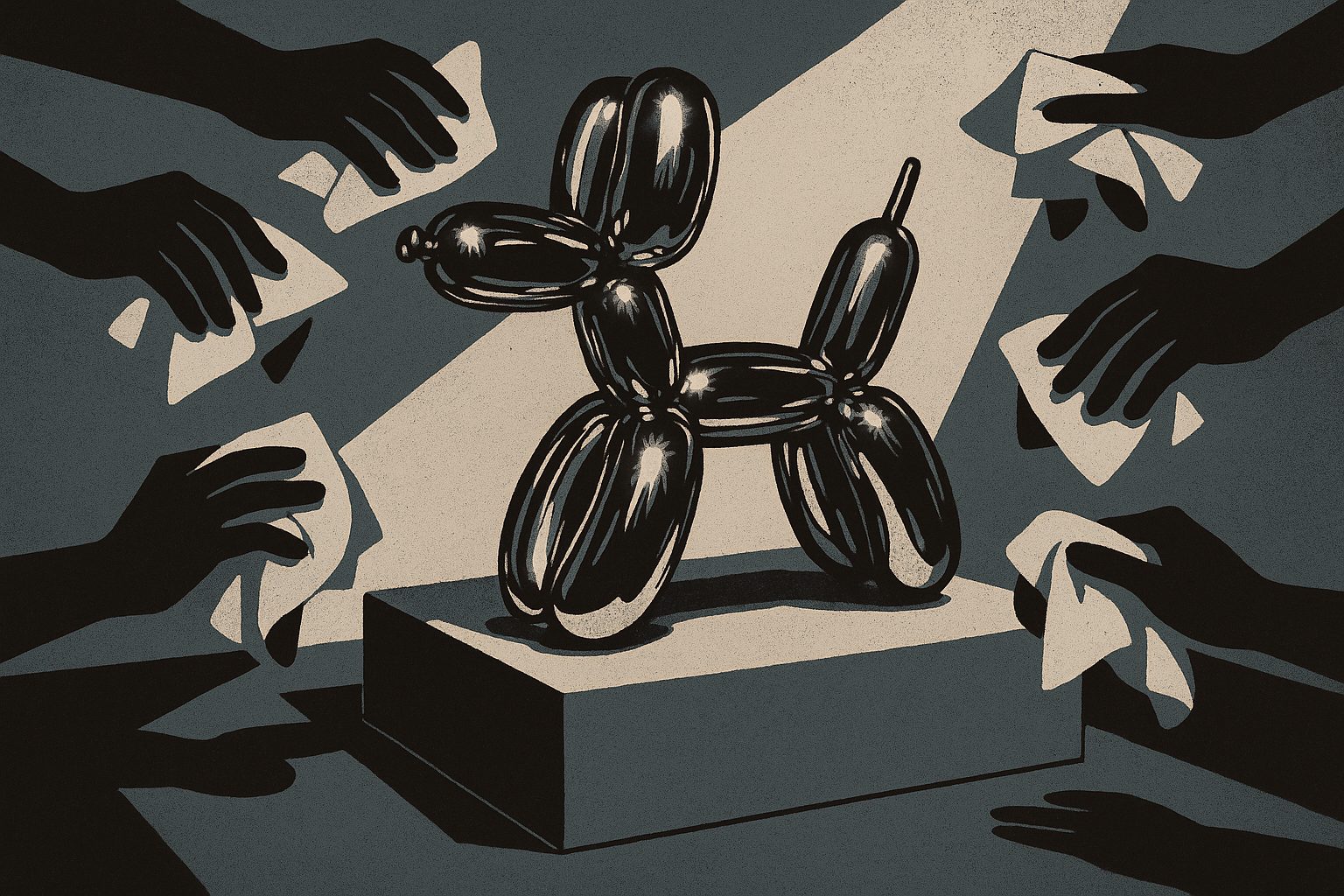 A balloon-dog sculpture on a gallery plinth, buffed to a shine by several anonymous disembodied hands.