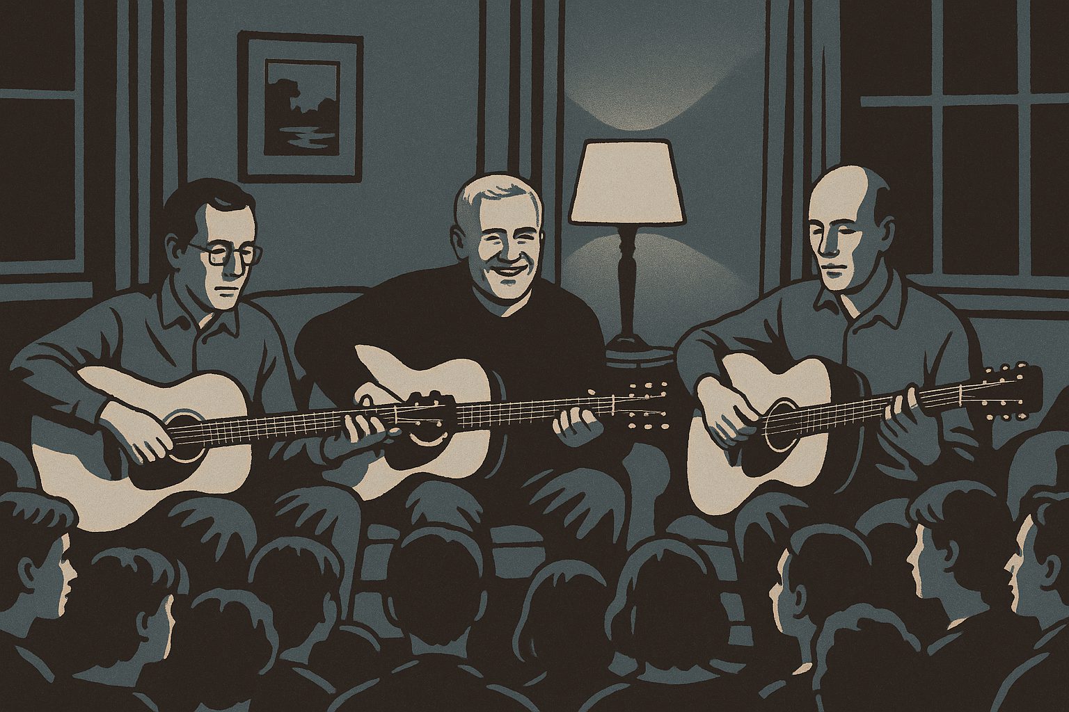 Three musicians playing acoustic guitars in a lamplit living room, listeners packed shoulder to shoulder on couches and the floor.