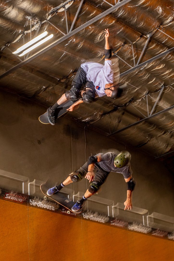 Tony Hawk and me skating doubles on a vert ramp.