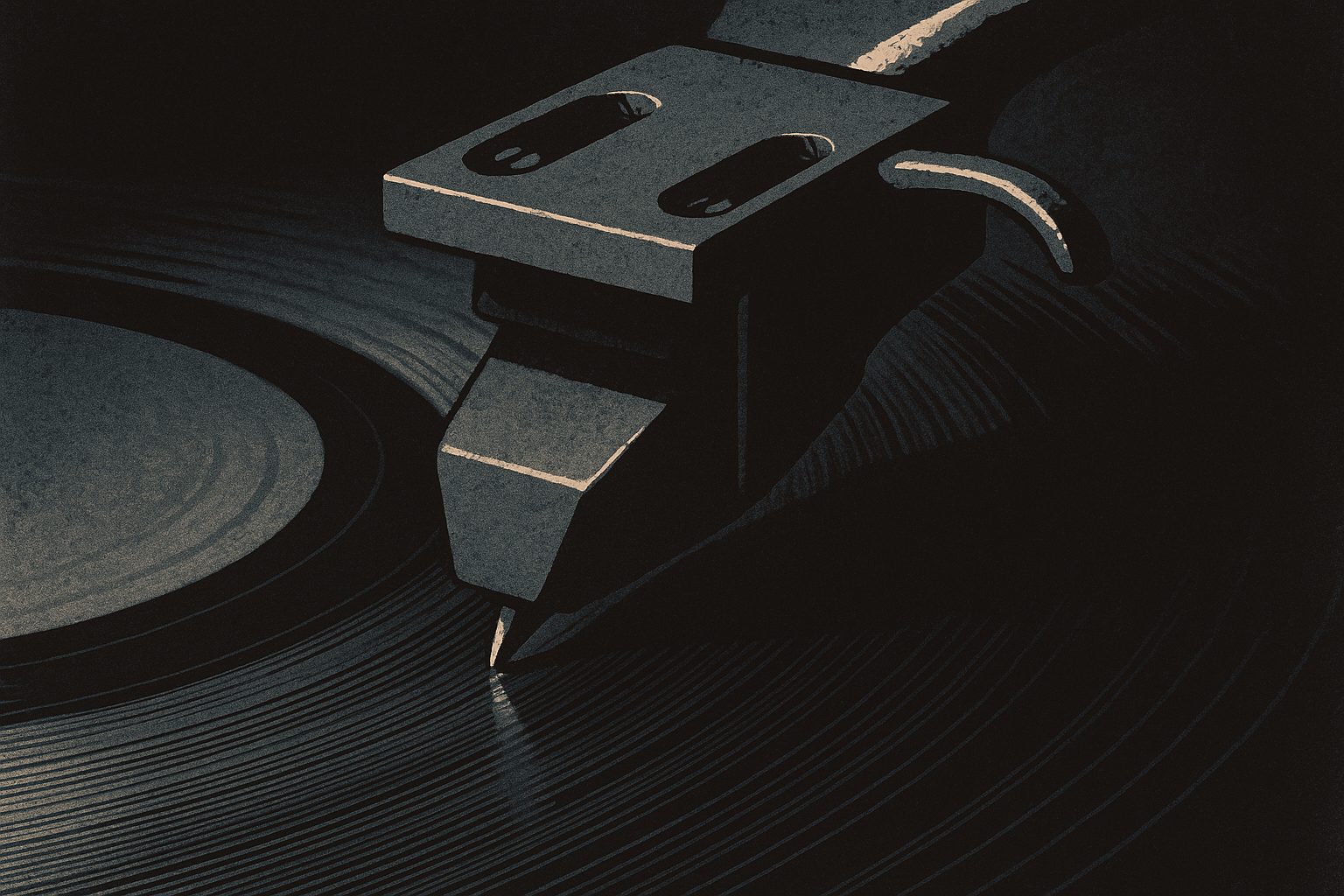 A phonograph needle settling into the groove of a vinyl record.