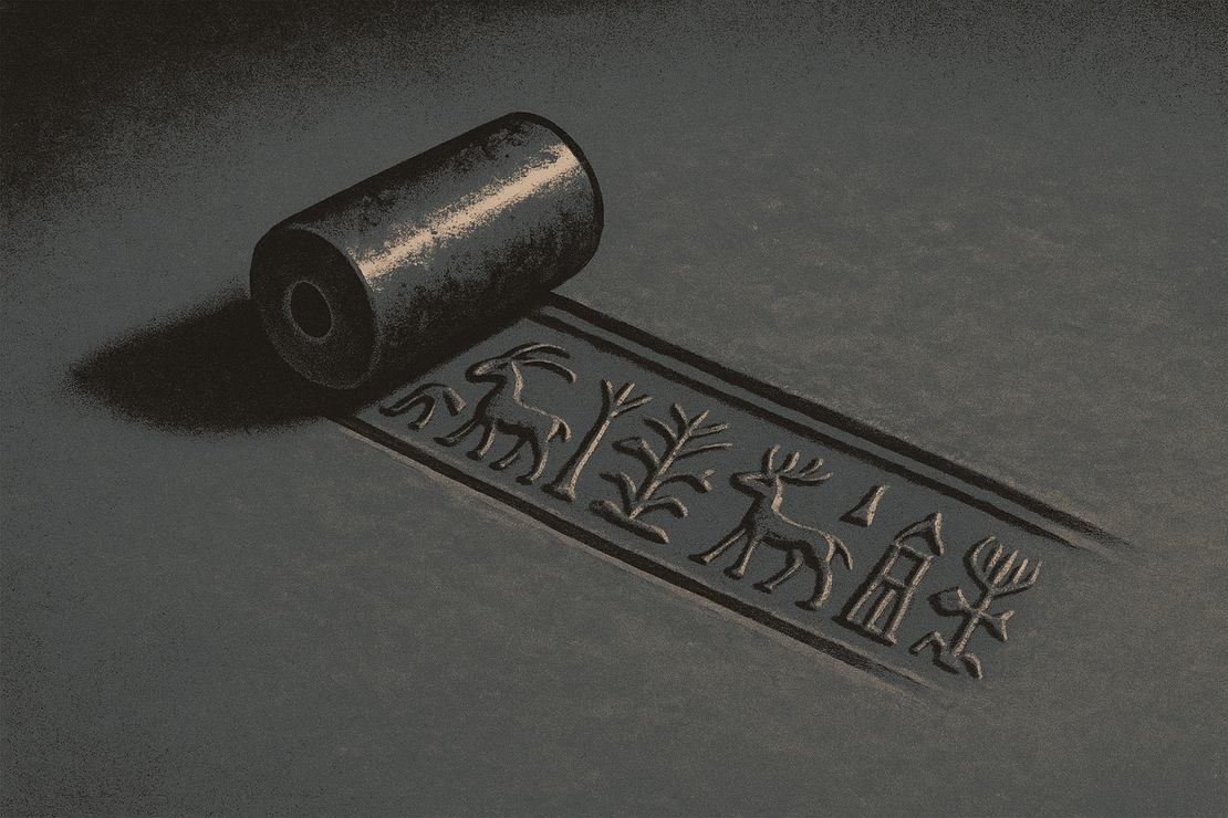 A small carved stone cylinder seal, drilled through its long axis, lies on its side on a wide field of grey clay, throwing a long shadow. Running away from it is the band it has just rolled: a sunken strip of clay carrying a frieze of ibex, deer, trees and a small shrine, pressed in and lit from the left. The rest of the clay is blank.