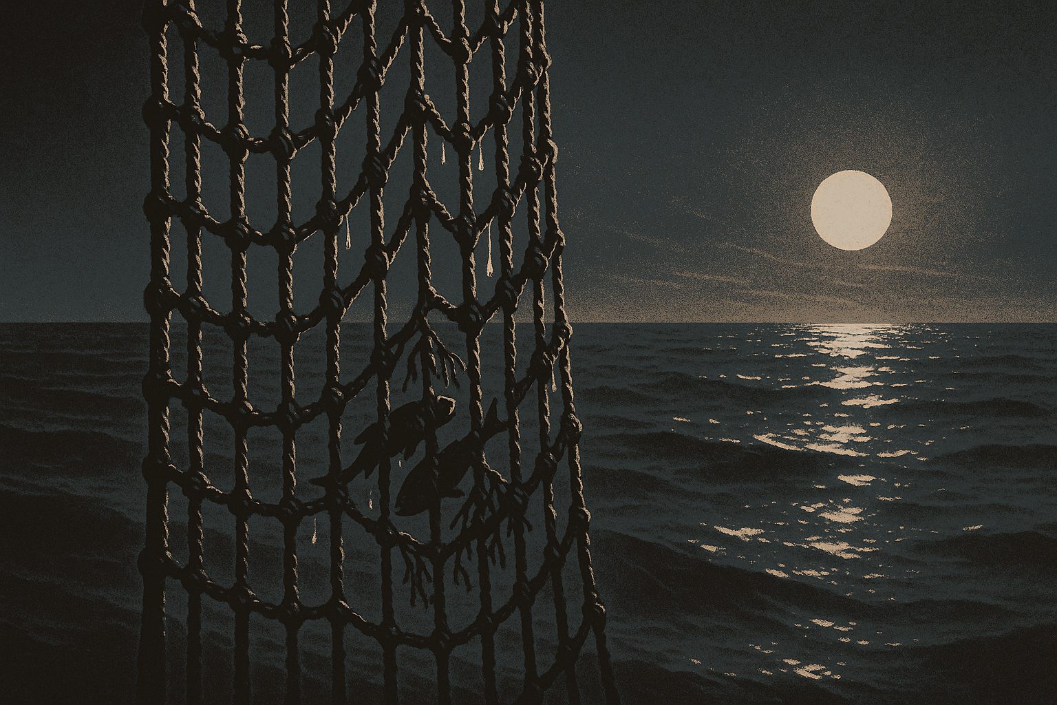 A heavy knotted rope net hangs vertically in the foreground, seawater dripping from it, a few fish and strands of weed snagged low in the mesh. Behind it the open sea runs to a flat horizon under a full moon, whose light breaks in a long path across the swell.