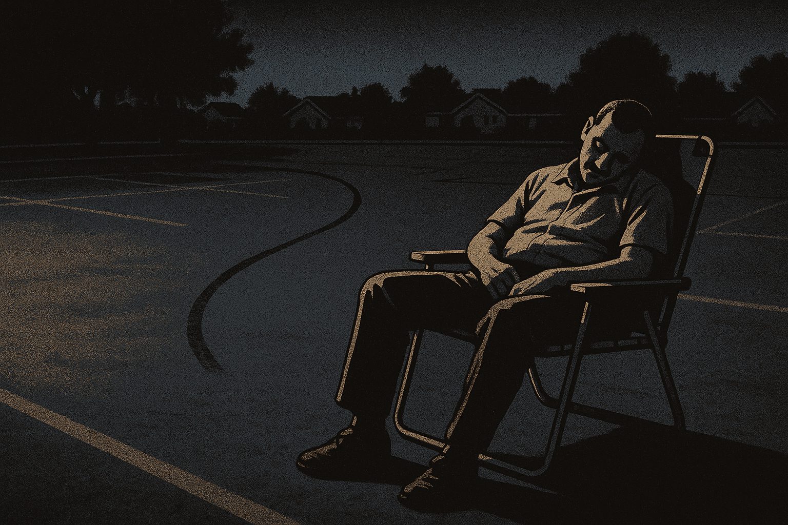 A man slumped asleep in a folding lawn chair beside a single tire track curving away across an empty lot at dusk.