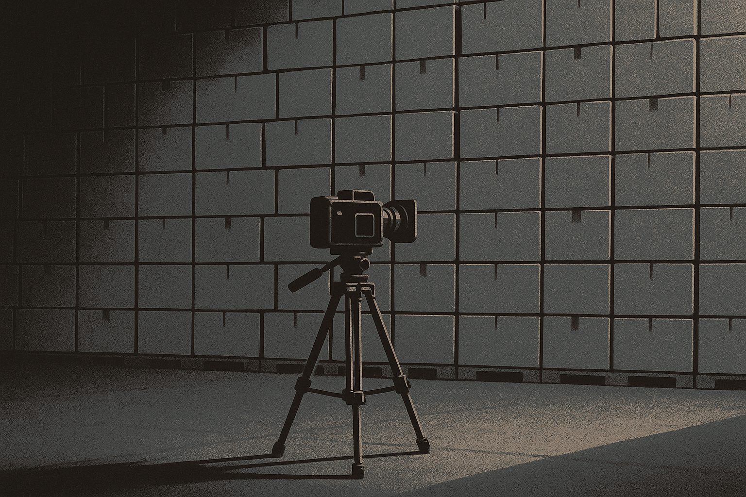 A film camera on a tripod, pointed away from the viewer at a tall wall of stacked, unmarked product cartons that fills the frame.