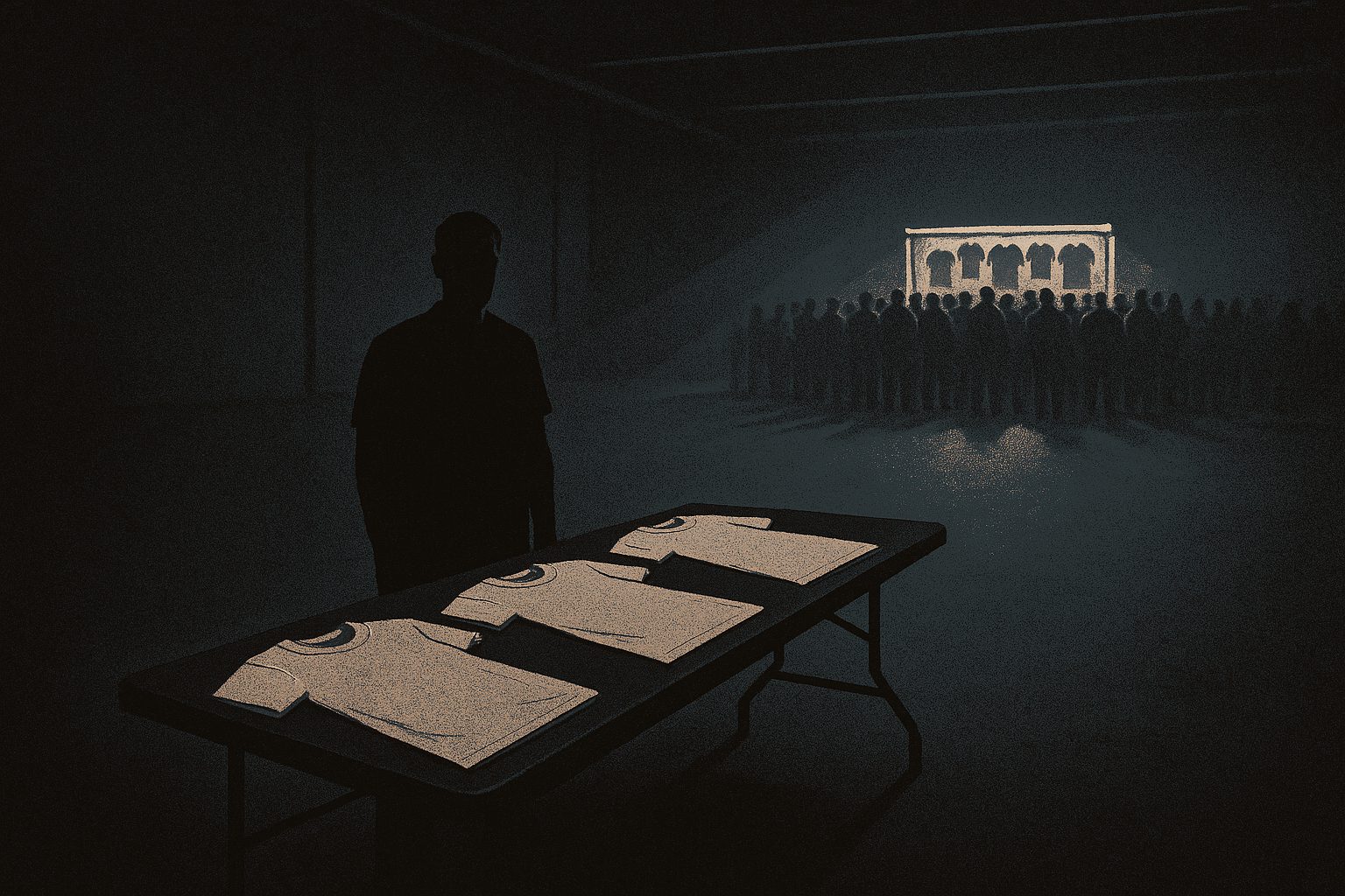 A dim hall. In the foreground, a folding table with three plain shirts laid out and one figure standing behind it, with nobody in front. Far across the empty floor, a small brightly lit merch stand with a crowd packed around it.