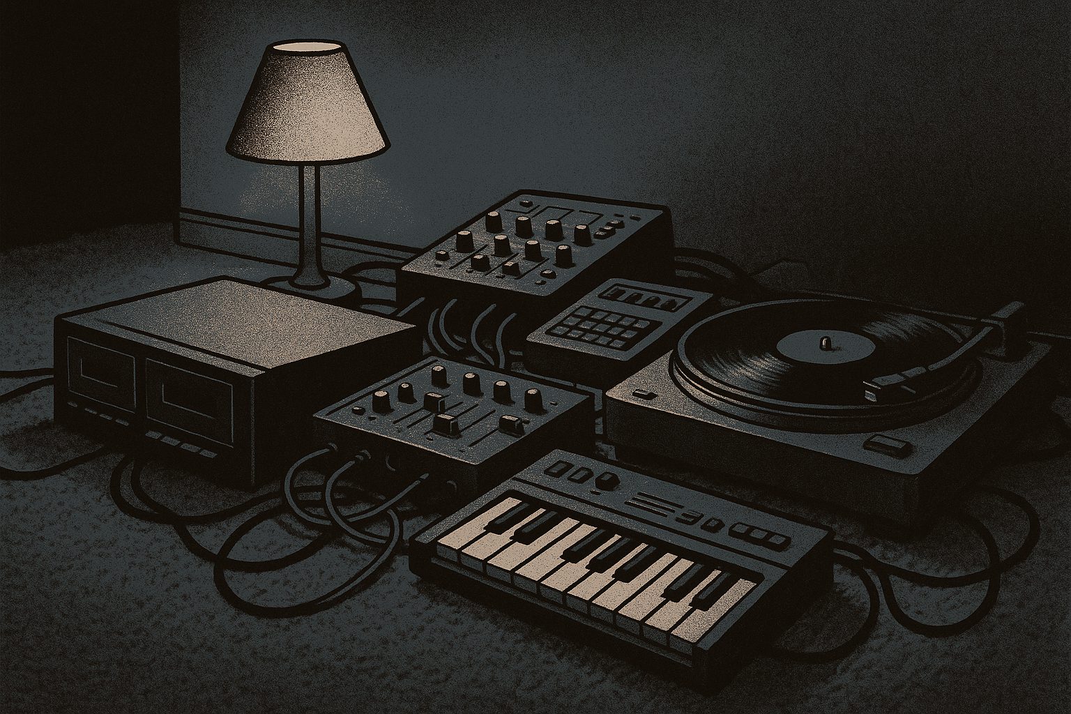 A pile of mid-1980s gear: cassette deck, Radio Shack mixer, toy Casio, drum machine, and a beat-up turntable.