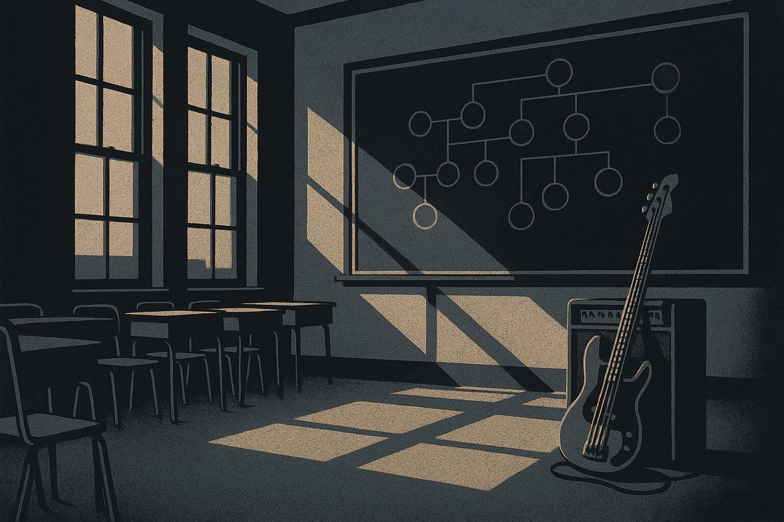 A classroom after hours, a chalkboard with a family tree drawn on it, a bass amp where the teacher's desk should be.