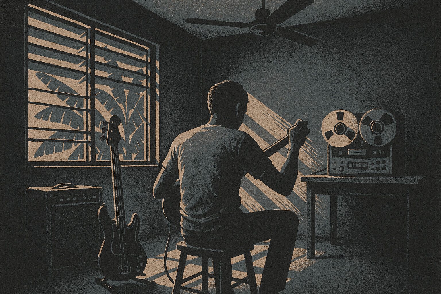 A small Kingston studio in the late eighties: louvered windows open on banana leaves, a bass on a stand, a reel-to-reel, a player tuning up under a ceiling fan.