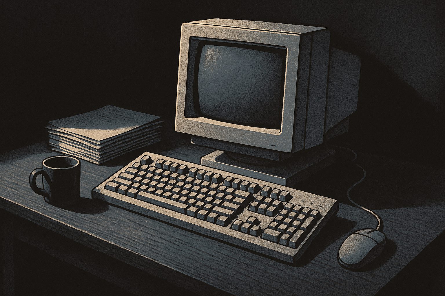 A 2008-era beige CRT monitor and keyboard on a dim desk — the pre-AI writing archive.