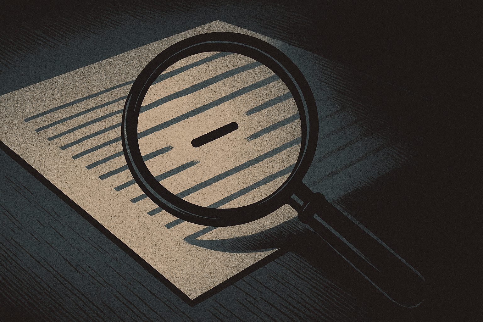 A magnifying glass over a printed page, isolating a single dash mark.