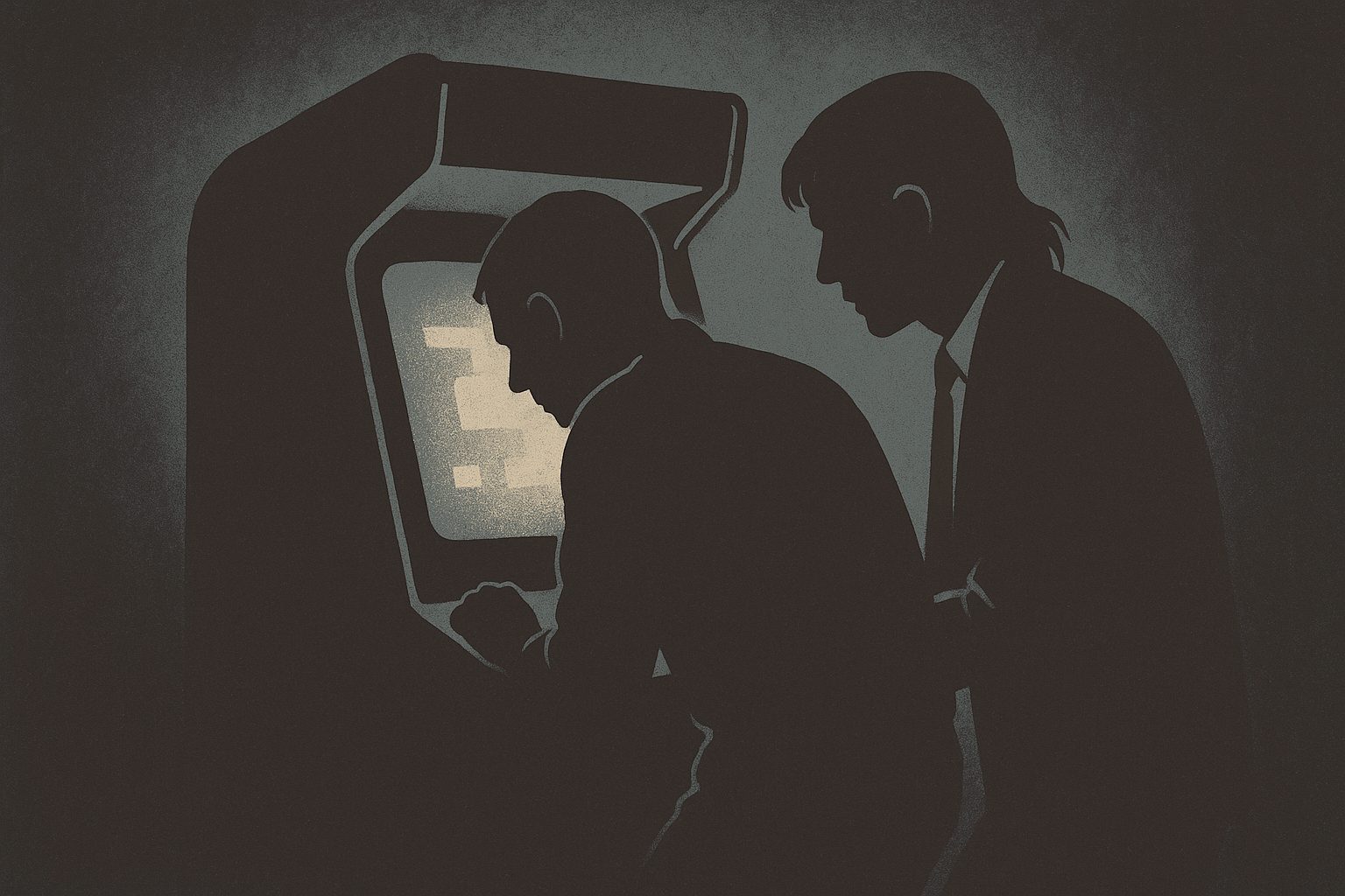Two men in silhouette at an upright arcade cabinet in a dark room, one hunched over the controls while the other looms behind him, both lit only by the glow of the screen.