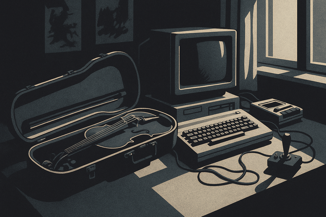 A teenager's desk by a window in late-afternoon light: a violin lying in its open case beside a Commodore 64 keyboard, a boxy monitor behind them, a joystick, a cassette deck and a tangle of cable.