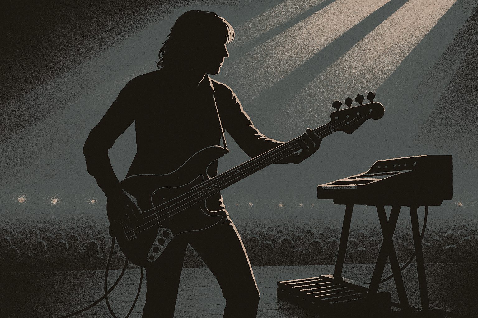 A bassist in backlit silhouette on a dim arena stage, a four-string Fender Jazz Bass hanging in front of him, a synthesizer on a stand at his side, a row of bass pedals at his feet, stage lights raking through haze and the crowd a dark sea beyond.