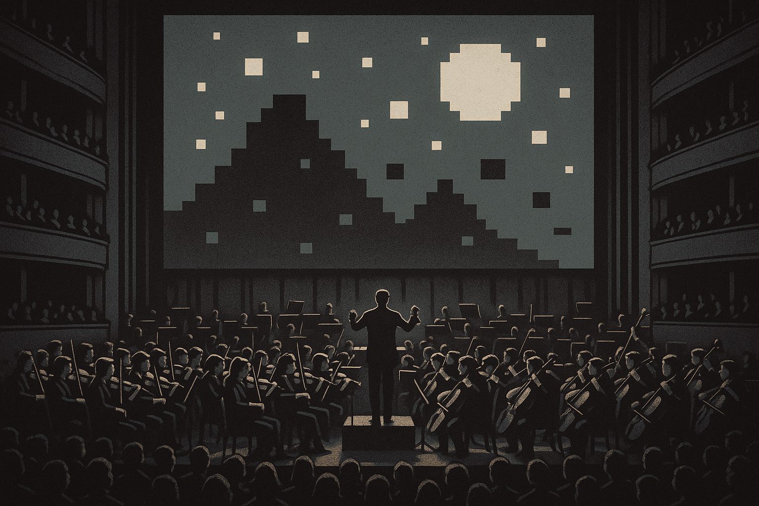 A packed concert hall seen from the back, a full orchestra on stage with the string section in front and a conductor silhouetted, and above them a huge screen glowing with blocky pixel mountains, square stars and a pixel moon.