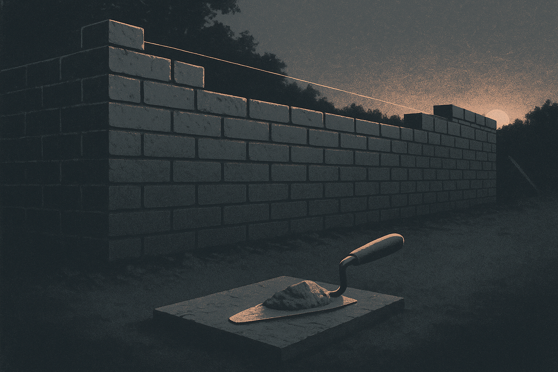 A partly built concrete block wall at dusk with a mason's line stretched taut along the top course, and a trowel loaded with mortar resting on a block in the foreground.