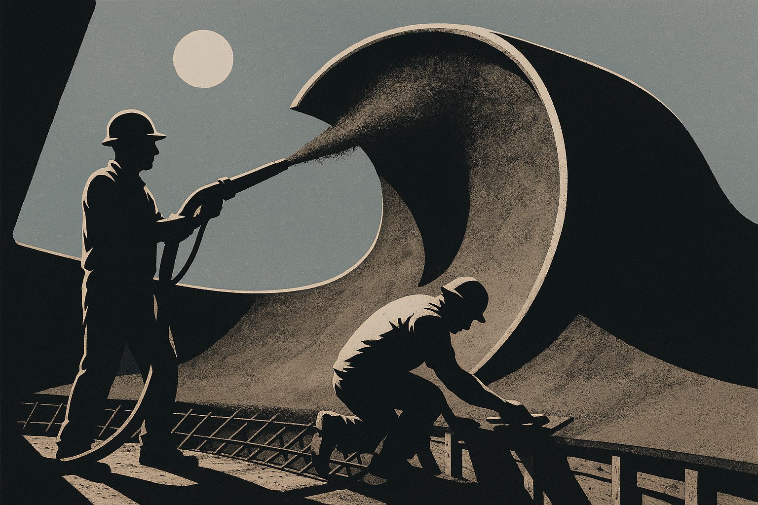 Two workers spraying wet concrete onto the curling overhang of a skatepark bowl.