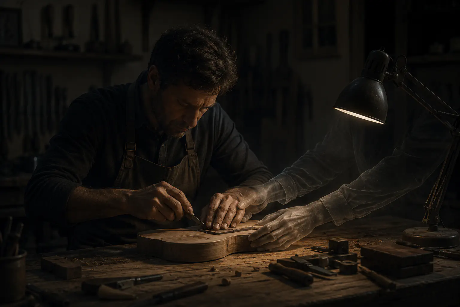 A maker at a workbench, a faint second pair of hands joining the work.