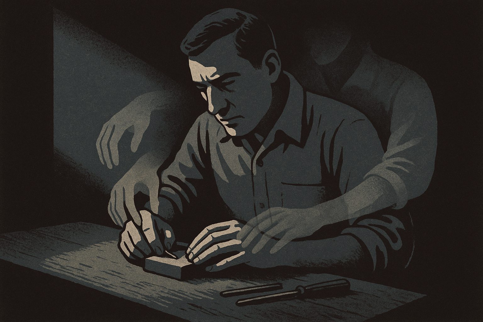 A maker at a workbench, a faint second pair of hands joining the work.