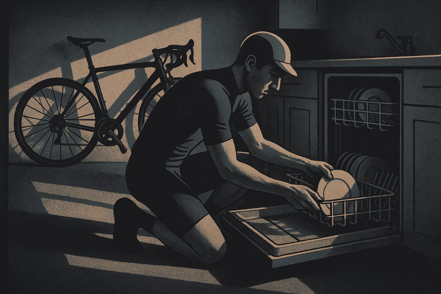 A cyclist in full kit loading a dishwasher, a road bike leaning against the kitchen wall behind him.