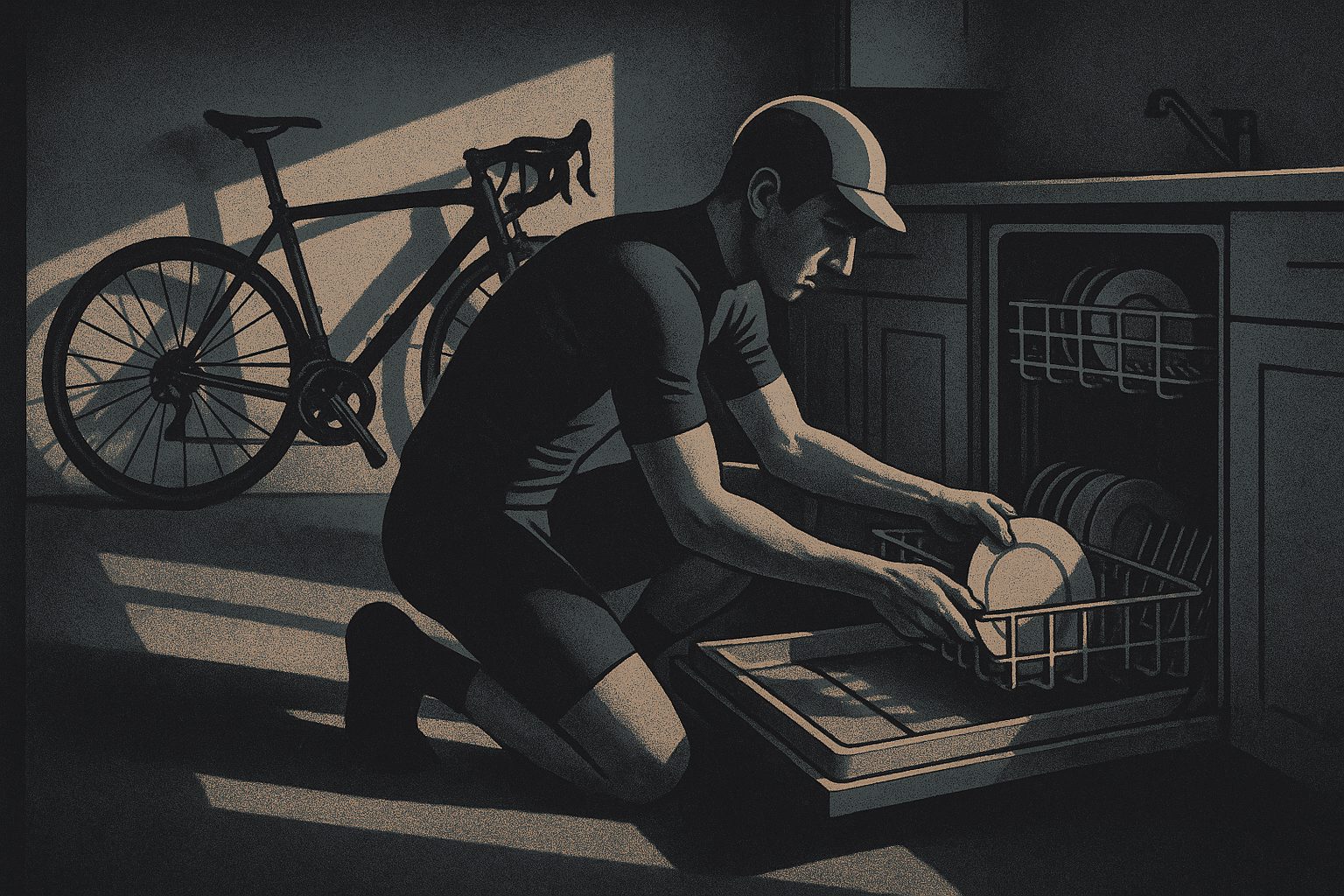 A cyclist in full kit loading a dishwasher, a road bike leaning against the kitchen wall behind him.