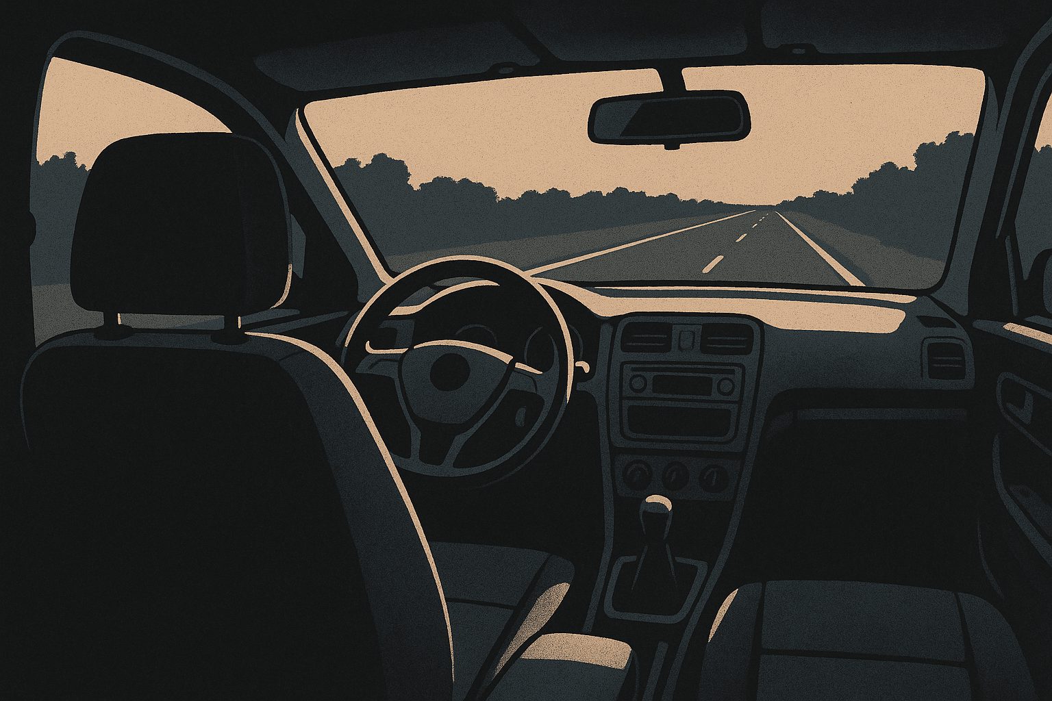 An empty driver&rsquo;s seat in a moving car, the steering wheel turning on its own.