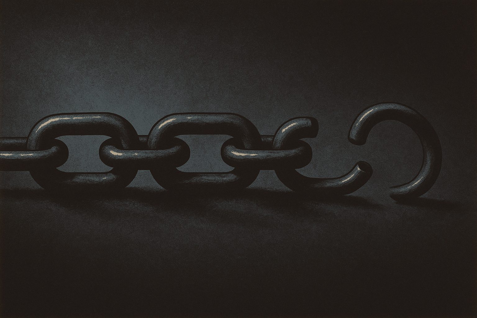 A heavy forged chain of four links, the last one open and unfastened, the chain running on into the dark.