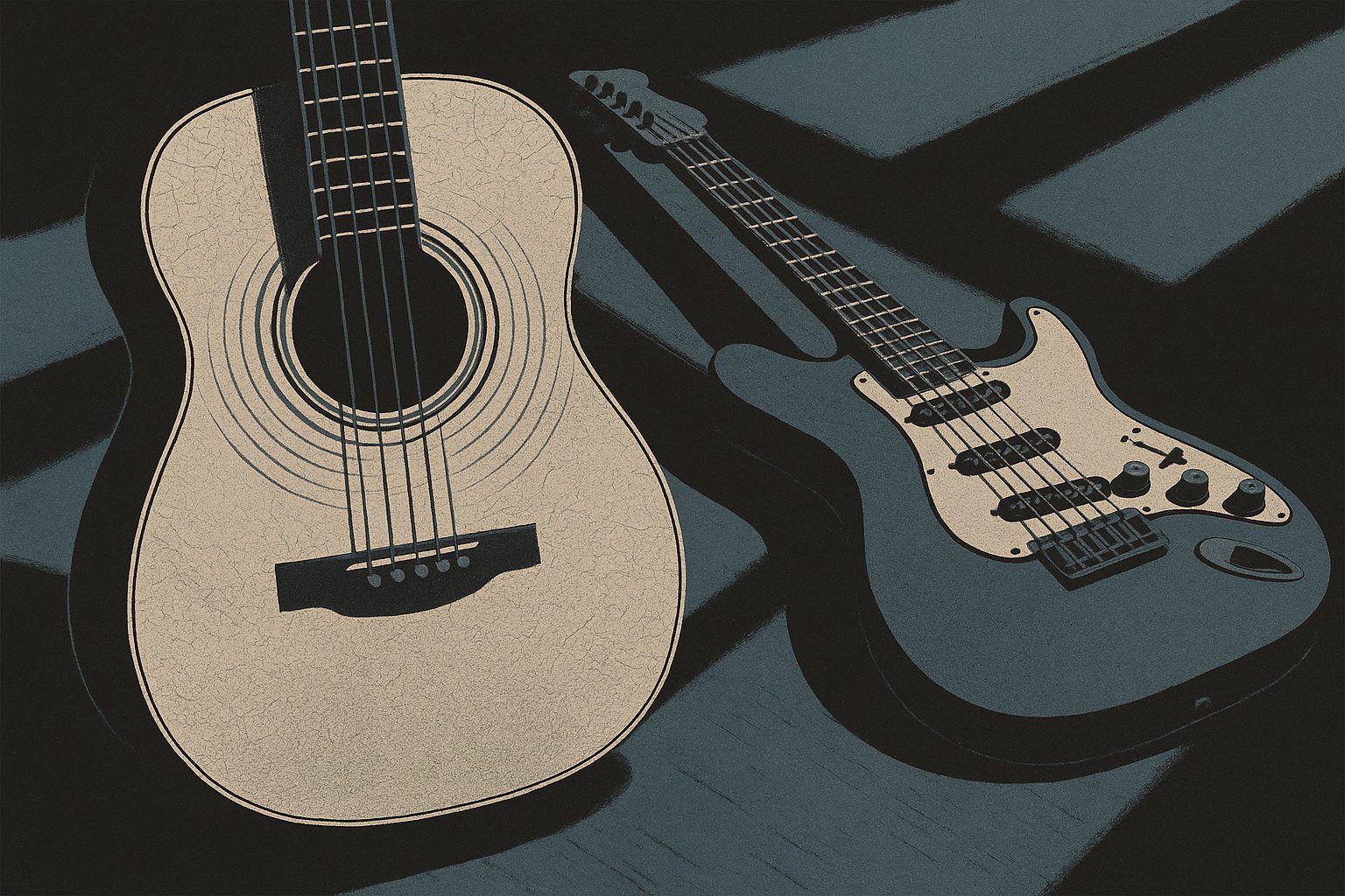An acoustic guitar with a finely checked top, rings of sound radiating from the soundhole, beside a solid-body electric guitar lying flat and silent.