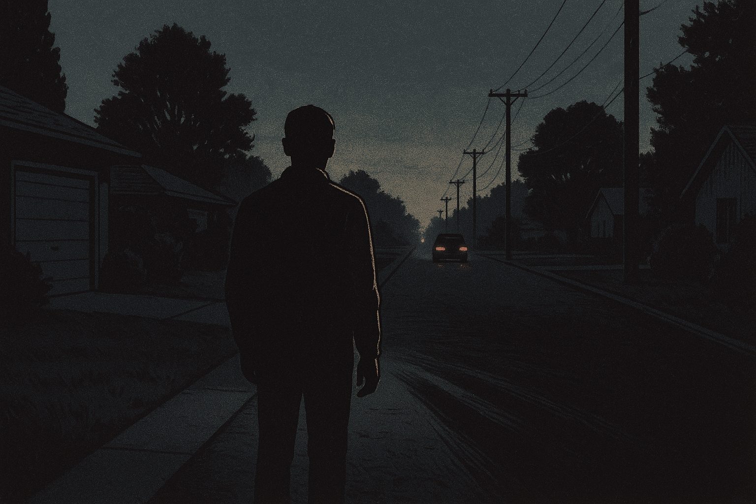A lone figure seen from behind in a suburban driveway at dusk, watching a car&rsquo;s taillights recede down the street.
