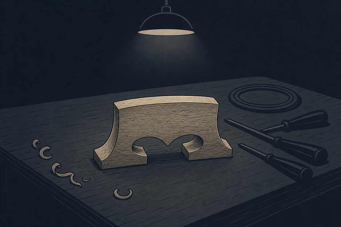 A hand-carved wooden bridge blank sitting on a workbench under a hanging lamp, curls of shavings scattered beside it and carving chisels and a coil of string laid to the right.