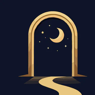 The Sojourn app icon: an arched doorway opening onto a night sky with a crescent moon, a path leading in.