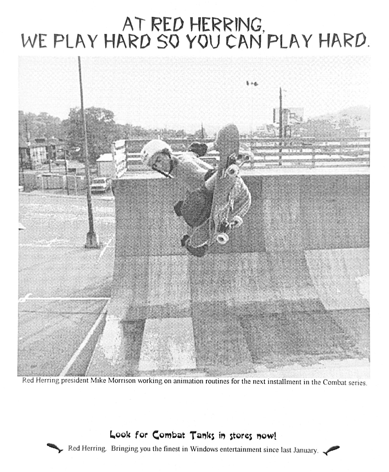 A one-page Red Herring ad. The headline reads ‘At Red Herring, we play hard so you can play hard’ above a black-and-white photo of a skater doing a stalefish pop-tart on a wooden vert ramp.