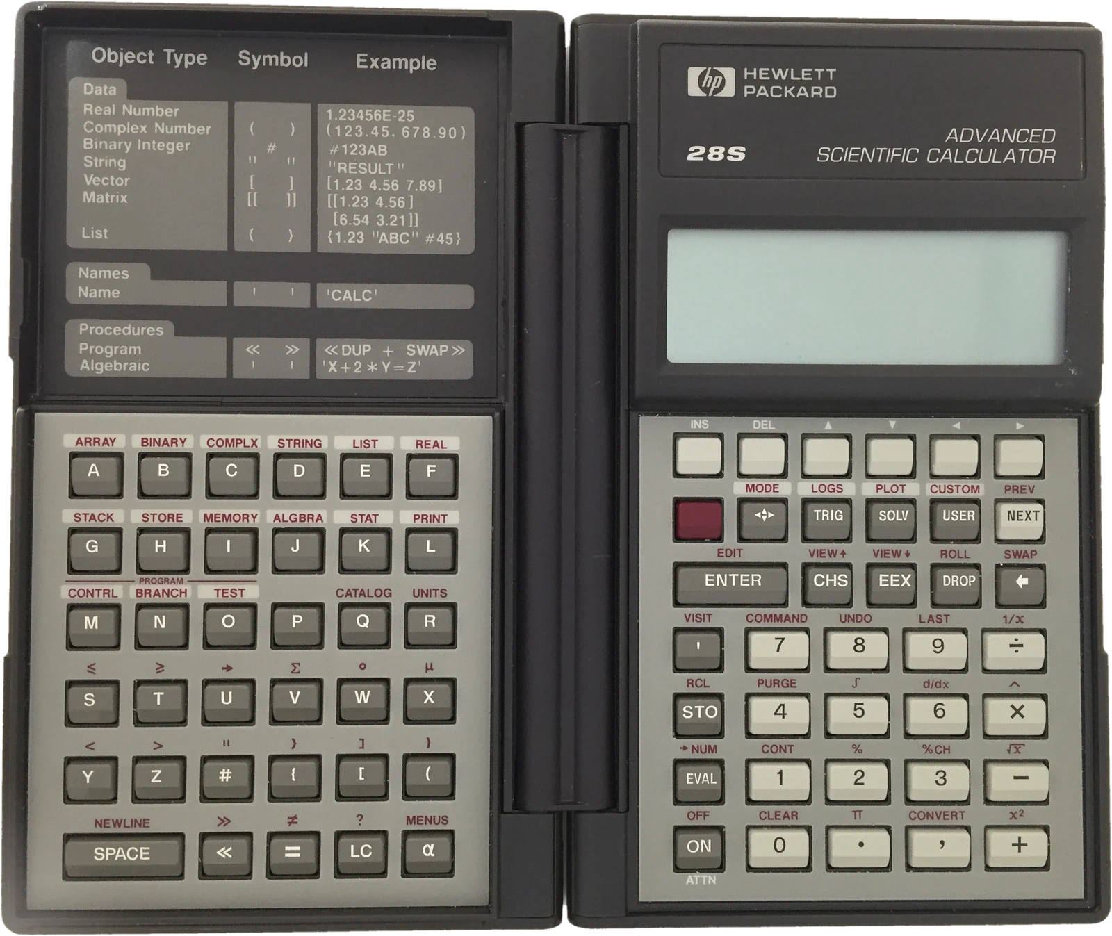 An HP-28S opened flat. The left half holds a printed object-type reference card above an A-to-Z keypad; the right half holds the Hewlett-Packard badge, a blank LCD strip, and a scientific keypad with six blank softkeys along its top row.